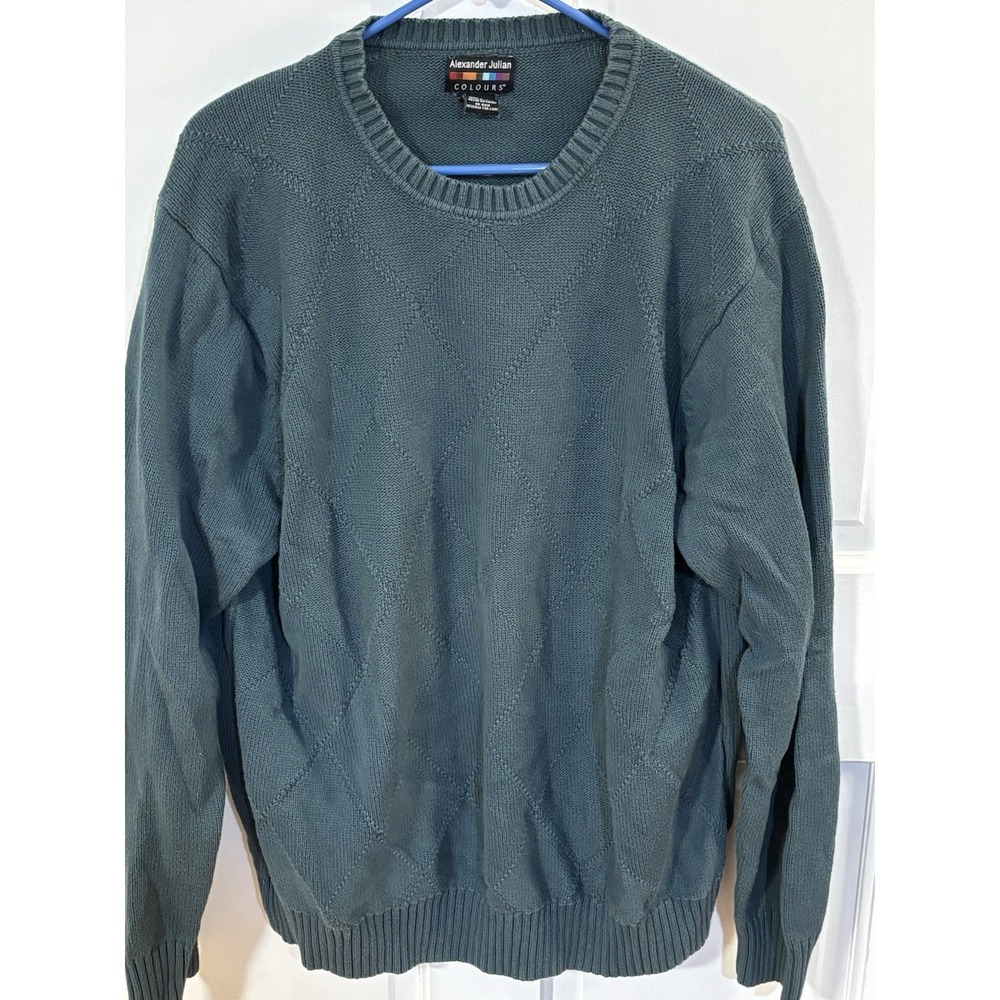 Vintage Alexander Julian Colours Teal Argyle Knit Men's Sweater XL